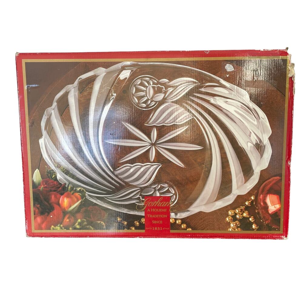 Gorman Crystal Angel Platter Oval Server Germany Clear Etched Christmas READ